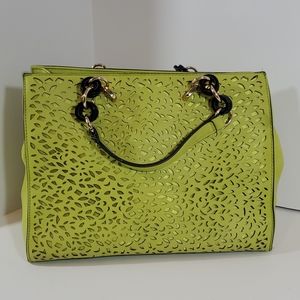 Lazer Cut Green Handbag With Zebra Print Lining